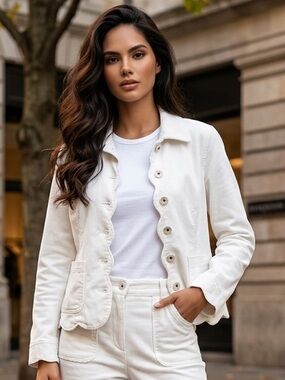 Isabella Bird White Denim Jacket 100% Cotton Size Medium Classic Button Front